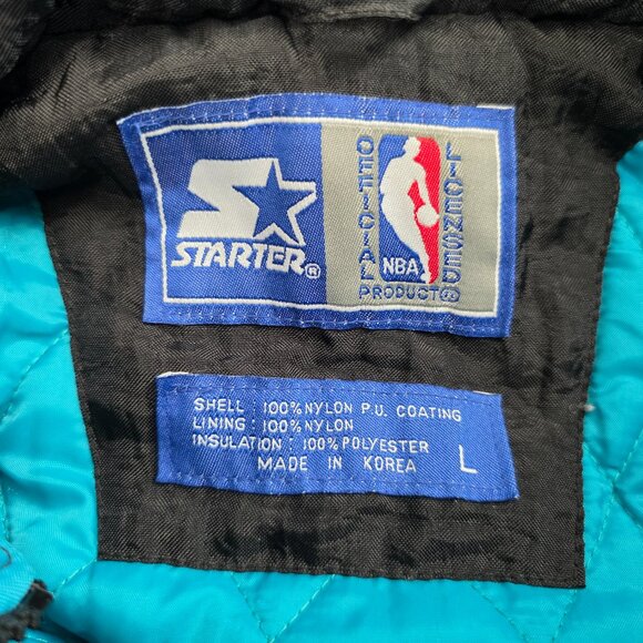VTG 90s NBA CHARLOTTE HORNETS STARTER PUFFER JACKET PULLOVER SIZE L BLACK - Picture 10 of 15